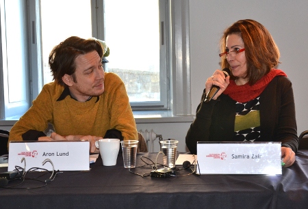 Moderatorn Aron Lund och Samira Zair från Syrian Women’s Network.