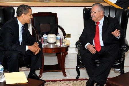 USA:s president Barack Obama och Iraks dåvarande president Jalal Talabani i möte 7 april 2009 när Obama besökte Irak.