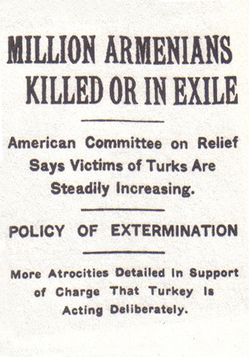 Folkmordet på armenier och andra kristna grupper fick uppmärksamhet i omvärlden. Här en rubrik i New York Times 15 december 1915.