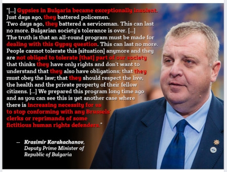 Bulgariska Helsingforskommittén anklagar Krasimir Karakachanov, vice premiärminister, för hets mot folkgrupp.