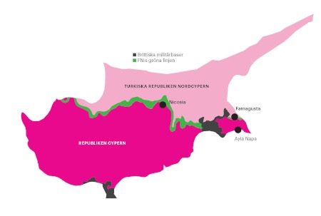 De svarta områden tillhör Storbritannnien. FN:s gröna linje delar Cypern.