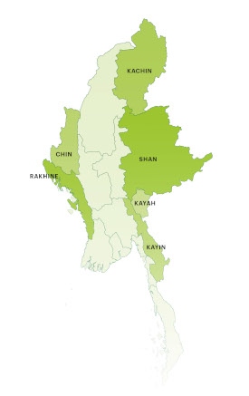 I flera av Myanmars delstater har konflikter pågått sedan 1948. Periodiska vapenvilor har inte följts av bestående politiska lösningar. Efter militärkuppen 1 februari 2021 har PDF, folkets försvarsstyrkor, inlett samarbete med väpnade etniska upprorsgrupper för att bekämpa militärstyret.