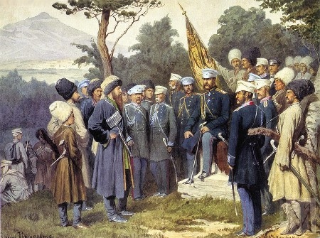 Imam Sjamil kapitulerar för den ryske greven Barjatinskij 1859. Målning av Alexej Danilovitj.  