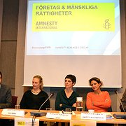 Panelen med Théo Jaekel på Swedwatch, Amanda Jackson på Swedbank, Reinhilde Weidacher på Ethix, Kathleen MacCaughey på Amnesty och Anders H Nordström på ABB.