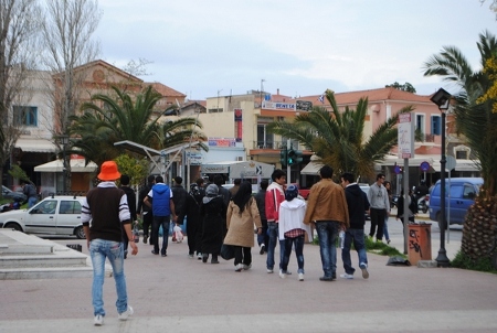 Nyanlända migranter på den grekiska ön Lesbos i april 2013. 