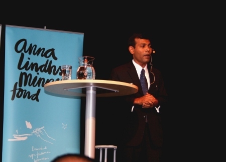 Maldivernas dåvarande president Mohamed Nasheed vid ett besök i Stockholm i juni 2009 när han fick Anna Lindh-priset.