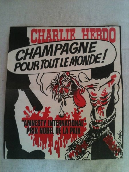 Charlie Hebdo kommenterade 1977 att Amnesty fått Nobels fredspris: "Champagne för hela världen".