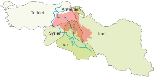 Av världens omkring 40 miljoner kurder beräknas bo i Turkiet. Det ljusröda fältet markerar områden med stor kurdisk befolkning. 
