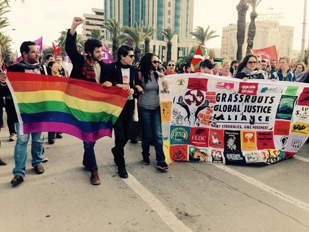 Demonstration i Tunisiens huvudstad Tunis för hbt-rättigheter. Okänt när bilden togs.