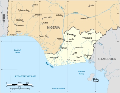 Biafras gränser när utbrytarstaten proklamerades i juni 1967.