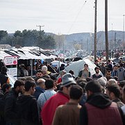 Idomeni vid gränsen mellan Grekland och Makedonien i mars 2016 när 13 000 flyktingar samlades vid den stängda gränsen.