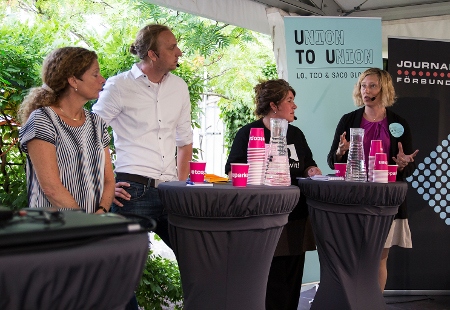 Panelen: Cilla Benkö, vd Sveriges Radio, Martin Schibbye, chefredaktör Blank Spot Project Ulrica Widsell, vice ordförande Journalistförbundet och Kristina Henschen, kanslichef Union to Union.