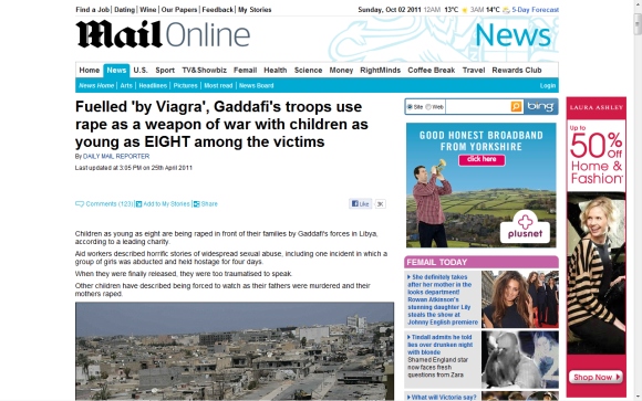 Kriget i Libyen kännetecknades av propaganda. Här ett exempel när Khadaffi påstods utrusta sina soldater med viagra för att de skulle våldta kvinnor. Dessa uppgifter valde Amnesty International och Human Rights Watch att inte fästa någon tilltro till.
