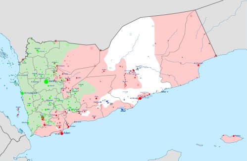 Den militära situationen i början av december 2016. De gröna partierna behärskas av Houhtierna och det röda området av president Hadis styrkor. Det vita området är under kontroll av AQAP, al-Qaida på arabiska halvön.