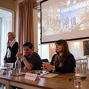 Östgruppen arrangerade den 22-24 maj för första gången Ukrainadagarna. Från vänster: Kristina Hultman, moderator, Martin Kragh, Utrikespolitiska institutet, Tetyana Malyarenko, forskare vid Uppsala Centrum för Rysslandsstudier, samt Evgen Fedtjenko, grundare av StopFake.