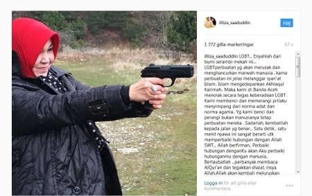 Skärmdump från Illiza Saaduddins Instagramsida. Hon är borgmästare i Banda Aceh och ses här med pistol och ett löfte att jaga bort homosexuella från Aceh. 