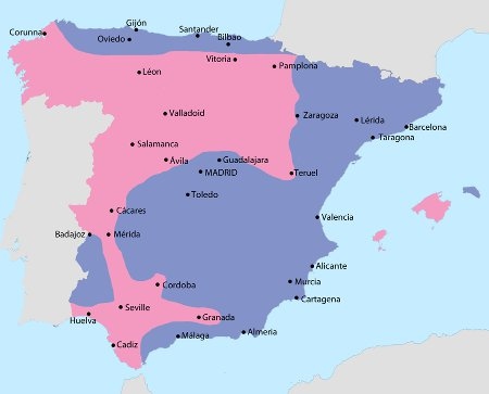 I september 1936 hade Francos uppror lyckats i många delar av Spanien. Republikens område är blått på kartan.