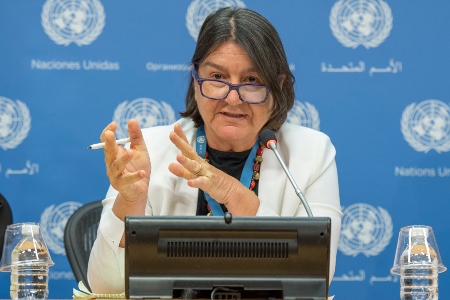 Hilal Elver, FN:s specialrapportör för rätten till mat, på en presskonferens 25 oktober.