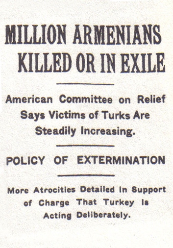 Folkmordet på armenier och andra kristna grupper fick uppmärksamhet i omvärlden. Här en rubrik i New York Times 15 december 1915.
