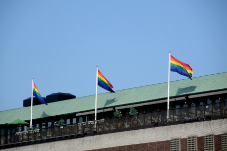 Regnbågsflaggorna vajar över Europride House vid Sergels torg.