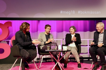 Hynek Pallas, författare och filmkritiker, Daan Heerma van Voss, författare, Jana Juráňová, författare, och Svante Weyler, moderator på seminariet om #Writerstoo som arrangerades på Bokmässan av European Union National Institutes for Culture.