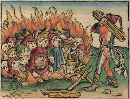 Antisemitismen har en lång historia. ”Judar bränns levande”, ur Nürnbergkrönikan 1493.