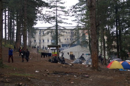 Flyktinglägret Borici på avstånd, sett från skogen där ett varierande antal personer väljer att slå upp sina tält.