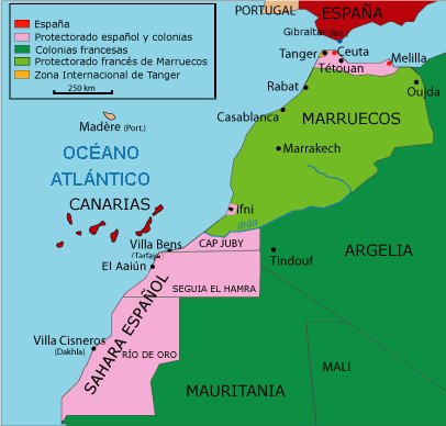  På kartan är spanska områden rosa. Det ljusgröna var franska Marocko. Norra Marocko var spanskt fram till 1956 och Ceuta och Melilla är fortfarande spanska enklaver. Ifni överlämnades till Marocko 1969. Spanien drog sig ur Västsahara 1975 och området ockuperas till stor del av Marocko. 
