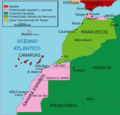 På kartan är spanska områden rosa. Det ljusgröna var franska Marocko. Norra Marocko var spanskt fram till 1956 och Ceuta och Melilla är fortfarande spanska enklaver. Ifni överlämnades till Marocko 1969. Spanien drog sig ur Västsahara 1975 och området ockuperas till stor del av Marocko.