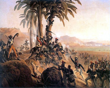 Slaget om Palmträdskullen där haitiska rebeller slogs mot polska soldater i fransk tjänst. Den polske konstnären January Suchodolskis tavla är från cirka 1845.