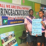  Kidnappningen av skolflickorna i Chibok år 2014 väckte avsky runt om i världen. Här ett möte i Lagos på ettårsdagen av bortförandet.