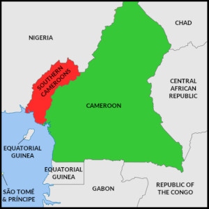  Det röda partiet är den del av Kamerun som separatisterna anser ska tillhöra Ambazonia. 