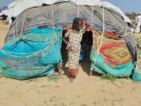 En ung flicka som tillhör en familj som flytt Boko Harams våld står framför ett tält i ett läger för internflyktingar i Maiduguri i Nigeria