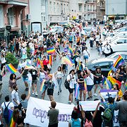 Pride i Istanbul 30 juni. I sista stund tilläts deltagare att samlas på en gata nära Taksim-torget. På sidogator använde polisen tårgas och gummikulor när deltagare fortsatte manifestera.
