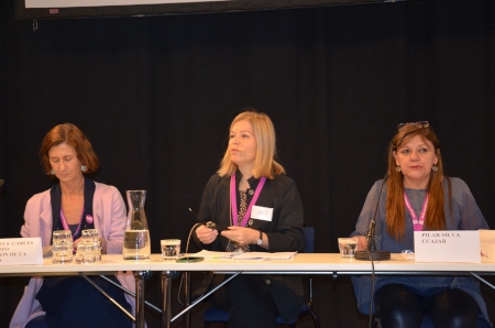 Araceli Garcia del Soto (Colombias sanningskommission), Ulrika Strand (Fonden för mänskliga rättigheter) och Pilar Silva (CCAJAR). Seminariet arrangerades av Fonden för mänskliga rättigheter och Colombiagruppen.