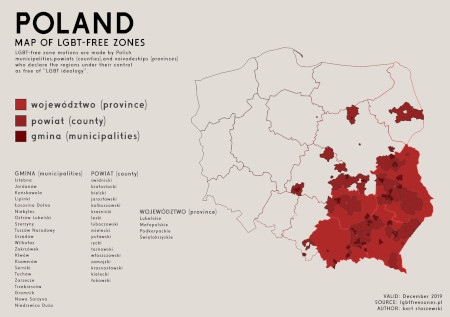 Karta över lgbt-fria zoner i Polen december 2019.