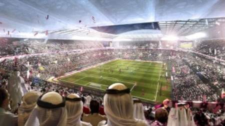 Så här ska Al Rayyan-stadion, som nu renoveras, se ut när fotbolls-VM för herrar hålls år 2022. Migrantarbetarna spelar en viktig roll i arbetet.