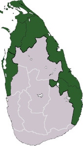 De mörka partierna är de delar av Sri Lanka som LTTE ansåg skulle bli en självständig tamilsk stat, Tamil Eelam. 