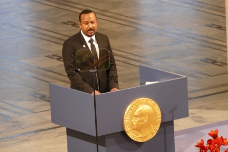 Etiopiens premiärminister Abiy Ahmed när han den 10 december 2019 fick Nobels fredspris.