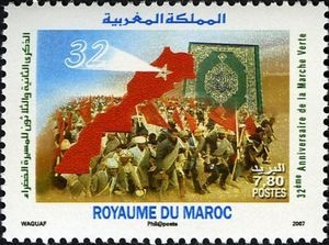 Marockanskt frimärke för att fira 32-årsdagen av ”den gröna marschen” då Marocko 1975 inledde sin ockupation av Västsahara.