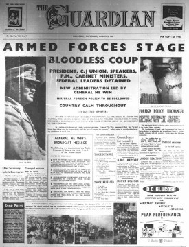 Militärens kupp 1962 var oblodig. Här förstasidan i burmesiska The Guardian. 