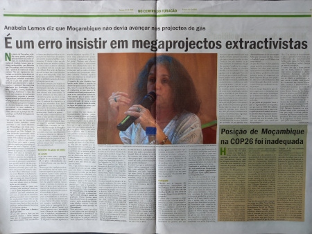  Intervju i Jornal Savana den 10 december 2021 där Anabela Lemos kritiserar gasprojekt i Moçambique.