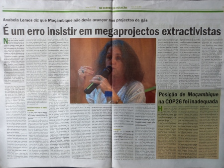 Intervju i Jornal Savana den 10 december 2021 där Anabela Lemos kritiserar gasprojekt i Moçambique.