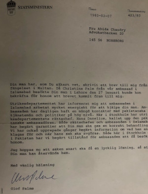 Statsminister Olof Palme skriver brev 1983 till Abida Sial.