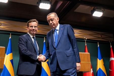 Sveriges statsminister Ulf Kristersson (M) och Turkiets president Recep Tayyip Erdoğan håller en gemensam pressträff i Ankara den 8 november, i samband med ett möte där man diskuterade Sveriges Natoansökan.
