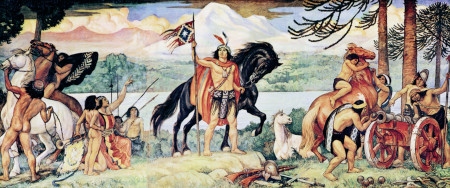 En målning av Pedro Subercaseaux (1880-1956) som hyllar Lautaro. Han ledde i mitten av 1500-talet det militära motståndet från mapuchefolket mot de spanska erövrarna.