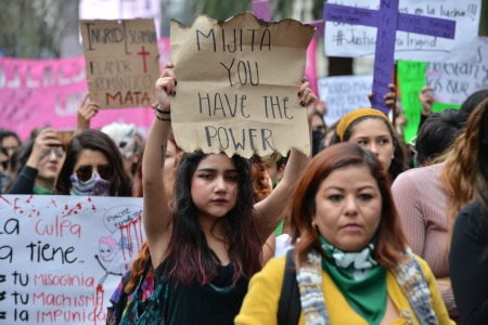 Protest i Mexico City 14 februari 2020.