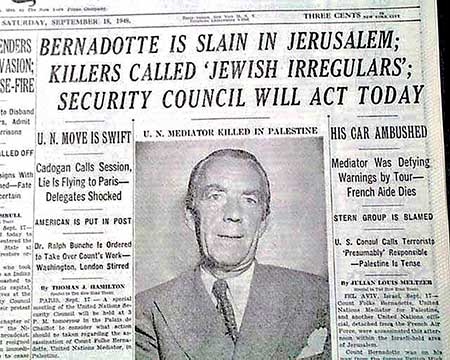 Mordet på Folke Bernadotte 17 september 1948 skakade världen. Här förstasidan på New York Times.