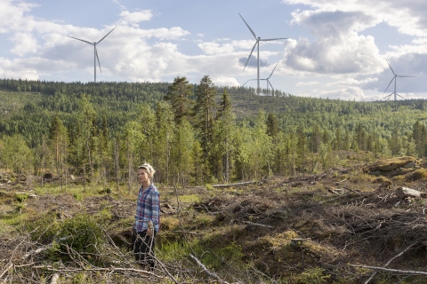 Lisa Omma nedanför vindkraftverken som byggts där renarna betar. De nya kraftverken är upp till 180 meter höga.